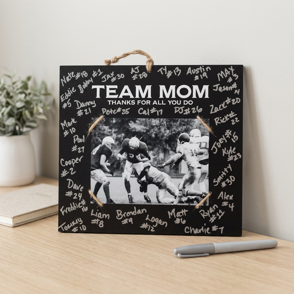 A black square plaque with a rope hanger, featuring the text 'TEAM MOM' and 'THANKS FOR ALL YOU DO!' with white chalk-style signatures around the border and a central black-and-white football photo. The plaque is displayed on a light wood desk next to a potted plant, a notebook, and a marker.