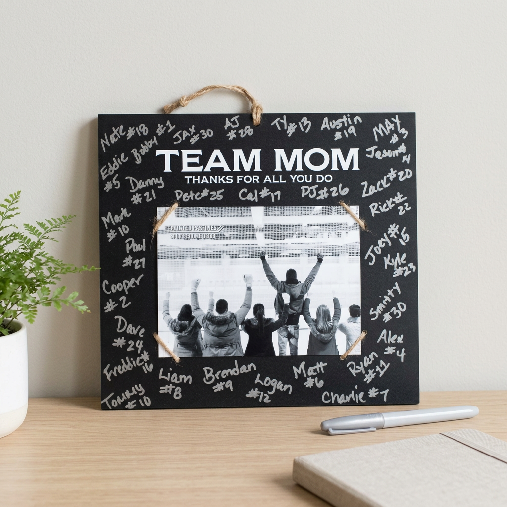 A black square wooden plaque with a rope hanger, personalized with 'TEAM MOM Thanks for all you do' and a photo of a hockey team, displayed on a wooden desk next to a plant and a marker.