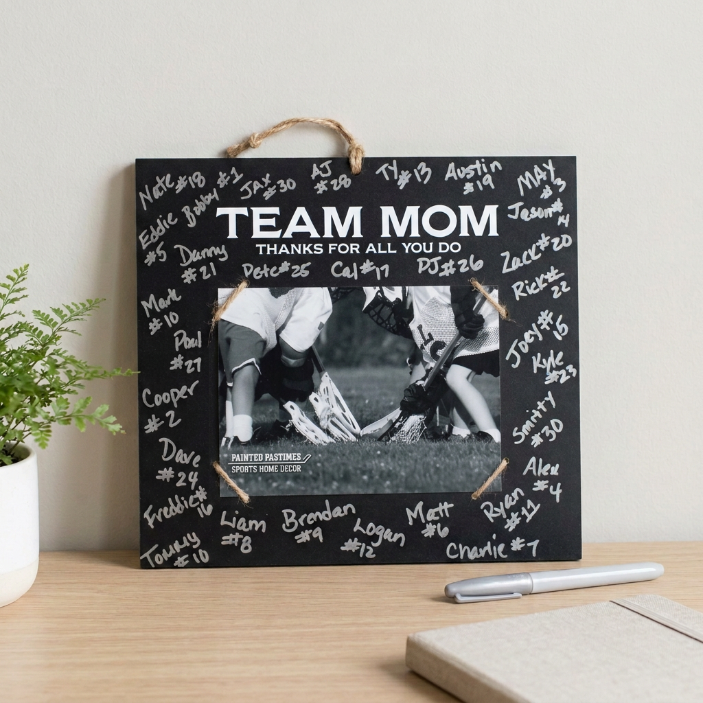 A personalized black chalkboard-style framed sign on a wooden table, featuring the text 'TEAM MOM Thanks for all you do' and a central black-and-white photo of a sports player, surrounded by silver handwritten names and numbers. A small plant, marker, and notebook are nearby against a light wall.