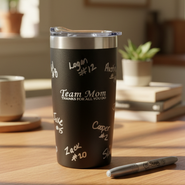 A black insulated travel tumbler with a clear lid sits on a wooden desk in a warm, softly blurred home office setting. The tumbler is printed with white handwritten-style text including 'Team Mom' and various names and numbers.  Comes with free marker for team to sign.