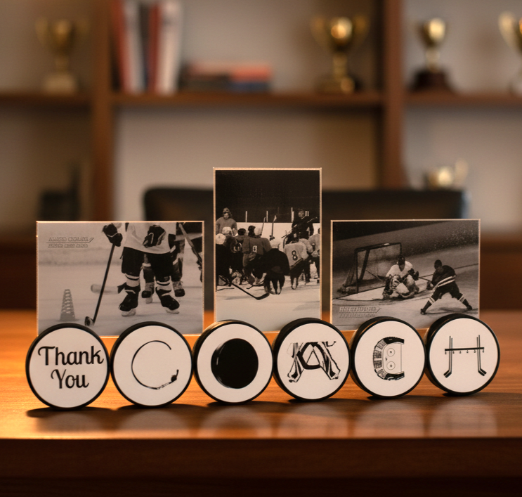 Hockey Coach Gift: "COACH" Puck Photo Display