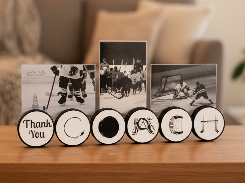 Hockey Coach Gift: "COACH" Puck Photo Display