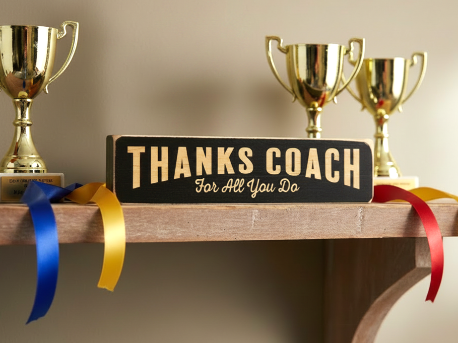 A rectangular black wooden sign with lasered lettering that reads 'THANKS COACH For All You Do' displayed on a wooden shelf, flanked by gold trophies and colorful ribbons.