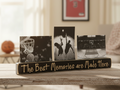 A rectangular wooden basketball-themed photo sign with the phrase 'The Best Memories are Made Here' in engraved lettering, holding three black-and-white basketball photos, displayed on a wooden table in a softly lit room.