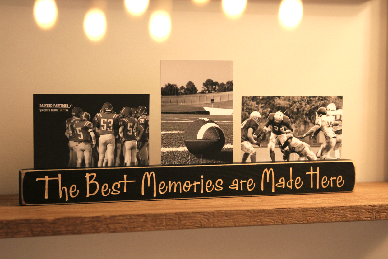 A wooden football-themed photo frame sign on a shelf, featuring three customizable black-and-white photos of a football game and the text 'The Best Memories are Made Here' in lasered lettering.