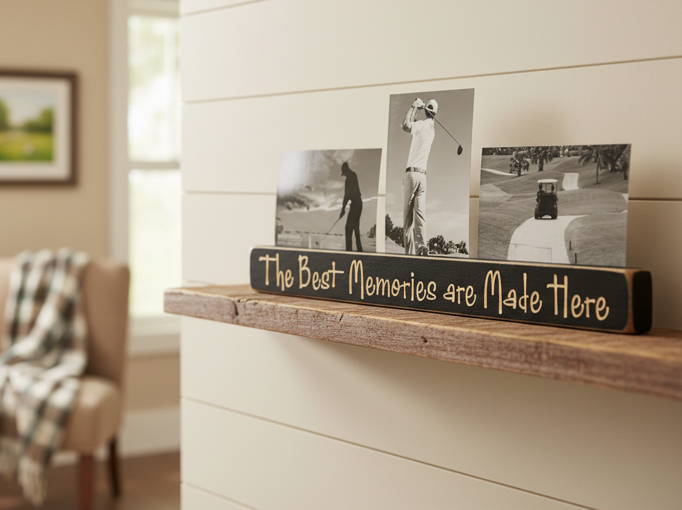 A rustic wooden photo sign with three black-and-white golf-themed photos and the phrase 'The Best Memories are Made Here' displayed on a wooden shelf in a softly lit home interior.