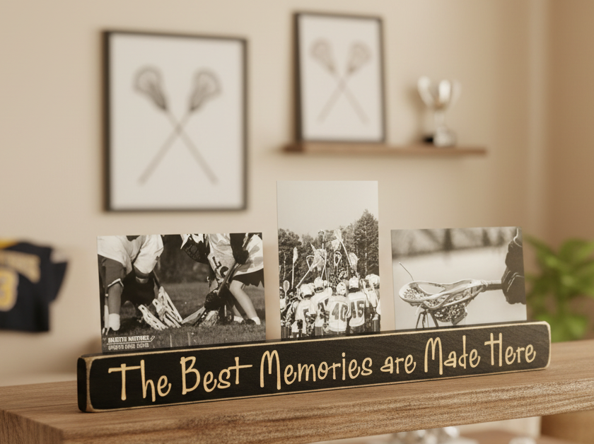 A wooden sports memorabilia display stand with the engraved phrase 'The Best Memories are Made Here' holding three black-and-white lacrosse photos, set on a wooden shelf in a warm indoor room.