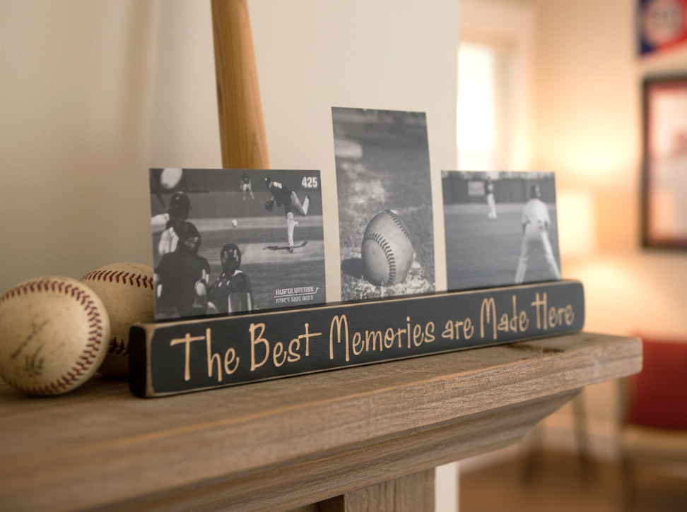 A wooden baseball photo frame display on a shelf, holding three black-and-white baseball photos and the lasered phrase 'The Best Memories are Made Here'. Baseballs sit beside it, with a softly blurred indoor room in the background.