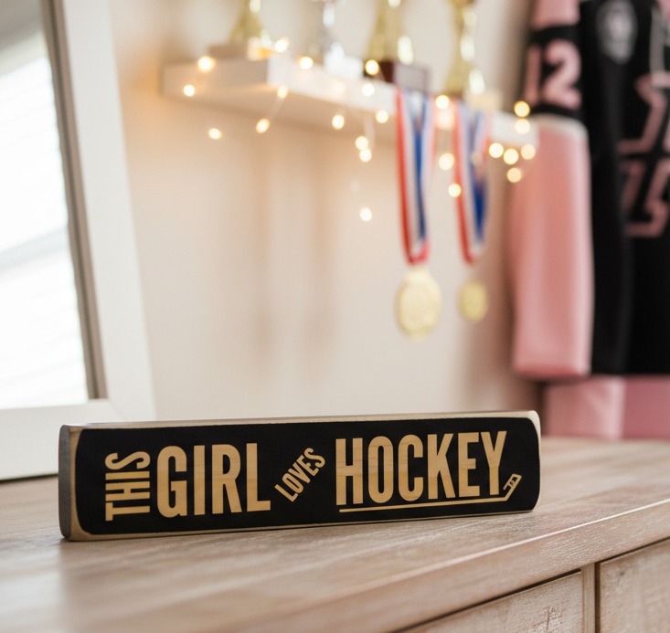 A rectangular black wooden sign with engraved lettering that reads 'THIS GIRL LOVES HOCKEY' sits on a light wood dresser in a room setting with blurred medals and a jersey in the background.