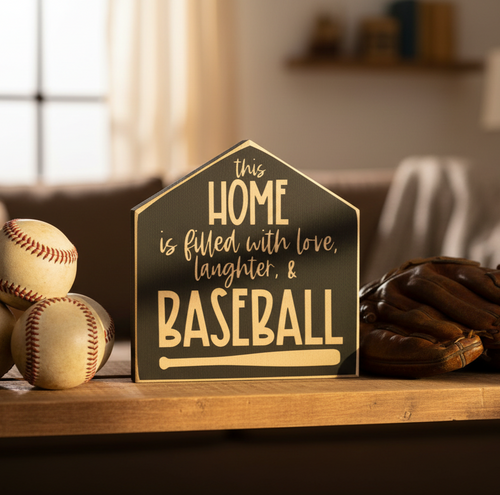 A house-shaped wooden baseball sign with the phrase 'this HOME is filled with love, laughter, & BASEBALL' in engraved lettering, styled on a wooden table with baseballs and a glove in a softly lit room.