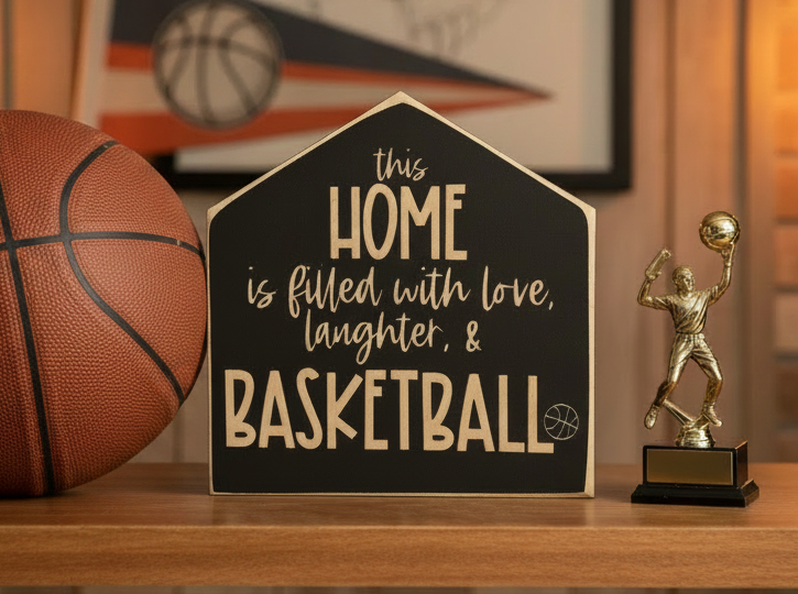 A house-shaped black wooden sign with engraved lettering that reads 'this HOME is filled with love, laughter, & BASKETBALL' sits on a wooden shelf next to a basketball and a small gold basketball player trophy.