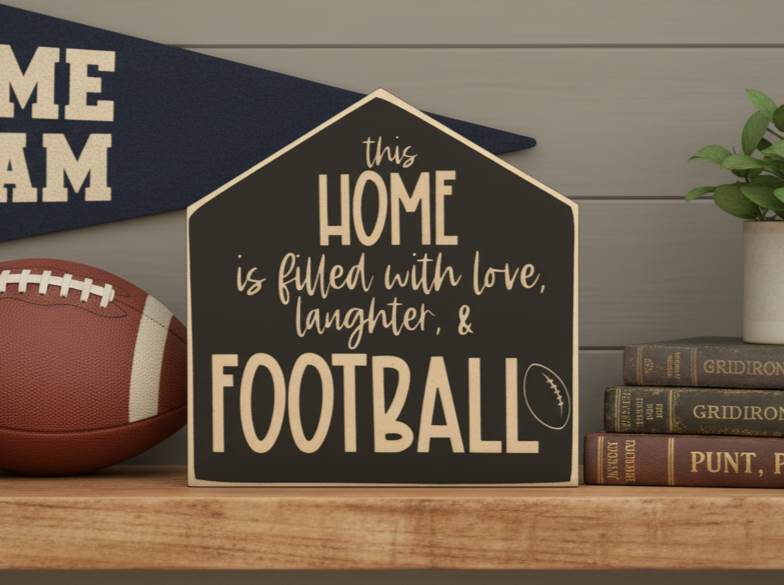 A house-shaped wooden sign with the phrase 'this HOME is filled with love, laughter, & FOOTBALL' in engraved lettering on a black background, styled on a wooden shelf next to a football, books, and a plant.