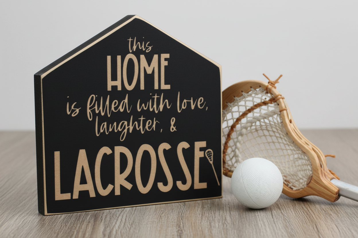 A house-shaped black wooden sign with engraved lettering that reads 'this HOME is filled with love, laughter, & LACROSSE' stands on a light wood surface next to a lacrosse ball and a wooden lacrosse head.
