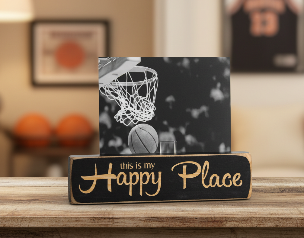 A decorative wooden sign on a tabletop with a black plaque reading 'this is my Happy Place' in lasered lettering, holding a black-and-white basketball-themed photo print in front of a blurred indoor background.