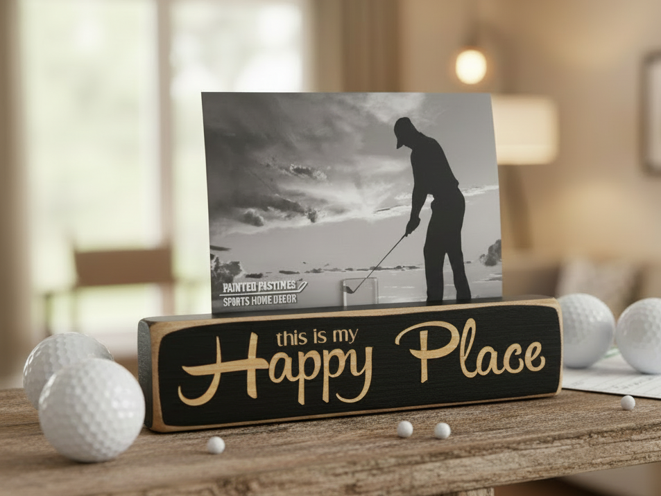 A rectangular wooden photo plaque stand with the phrase 'this is my Happy Place' in lasered lettering on a dark wood front. The stand holds a black-and-white golf-themed photo of a golfer silhouette.