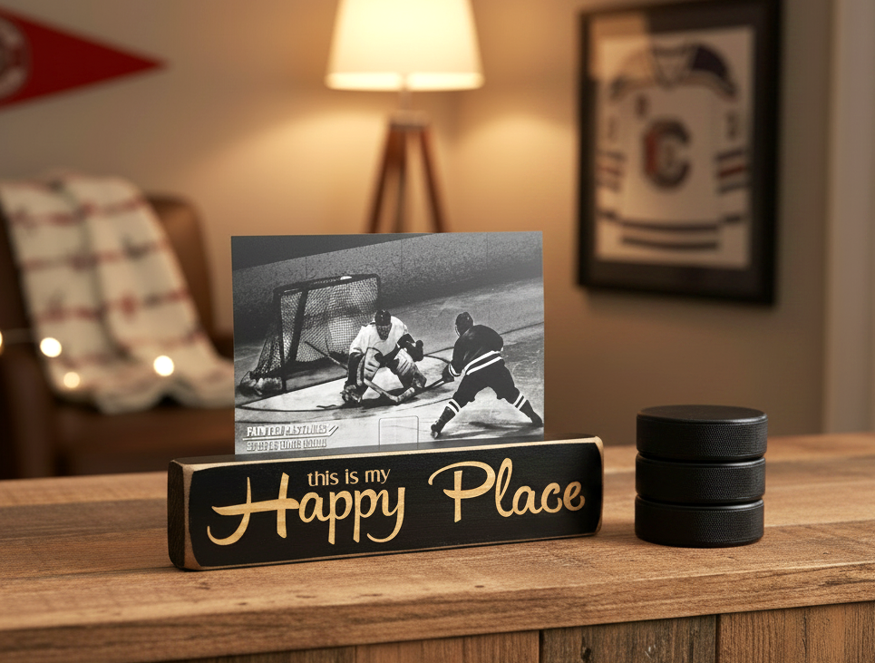 A wooden hockey-themed photo block sign on a wooden table, featuring the text 'this is my Happy Place' in lasered lettering. A black-and-white hockey photo print is propped behind it, and three black hockey pucks sit to the right.