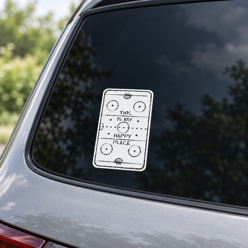 A rectangular white vinyl decal with a black hockey rink diagram and the text 'THIS IS MY HAPPY PLACE' applied to the back window of a gray vehicle, with blurred green trees in the background.