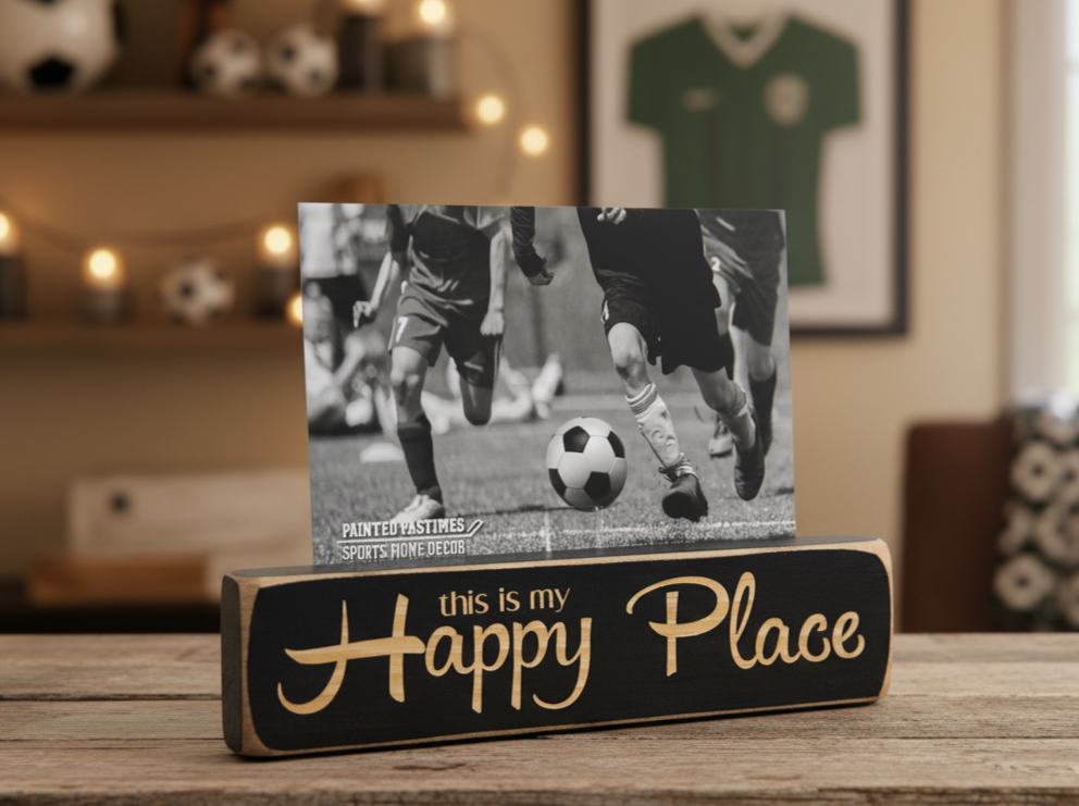 A rectangular black wooden sign with lasered lettering that reads 'this is my Happy Place' sits on a wooden table in a cozy, softly lit room. A custom black-and-white photo of soccer players is displayed on top of the sign.