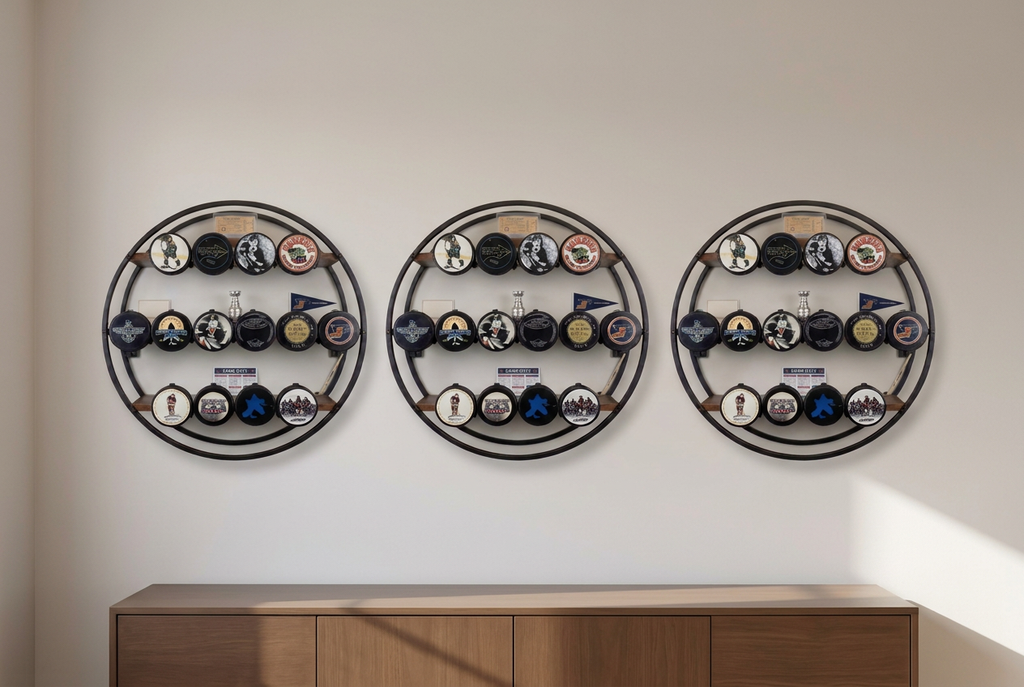 Round Hockey Puck Display 3 Tier Shelf: Holds 14 Pucks, Hockey Player, Fan, Mom, Dad, Coach Gift