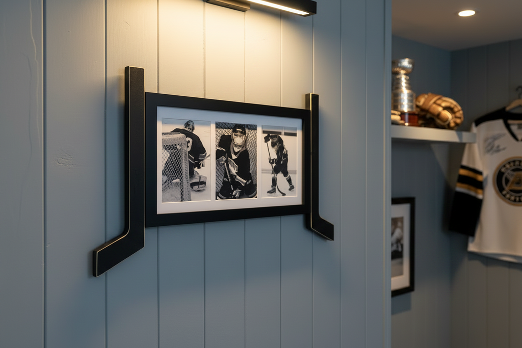 A framed black-and-white hockey collage print with a black frame and decorative hockey sticks on both sides, mounted on a light blue wood-paneled wall in a room setting.