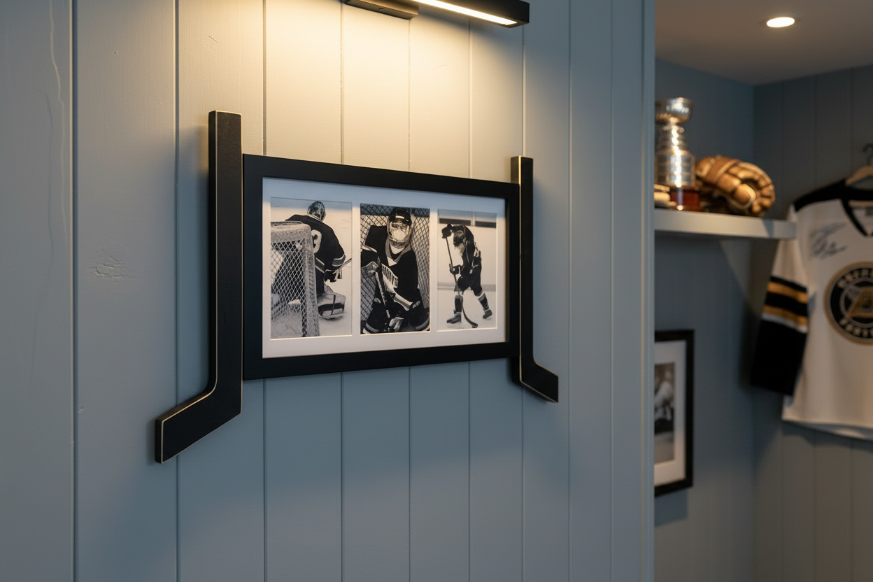A framed black-and-white hockey collage print with a black frame and decorative hockey sticks on both sides, mounted on a light blue wood-paneled wall in a room setting.