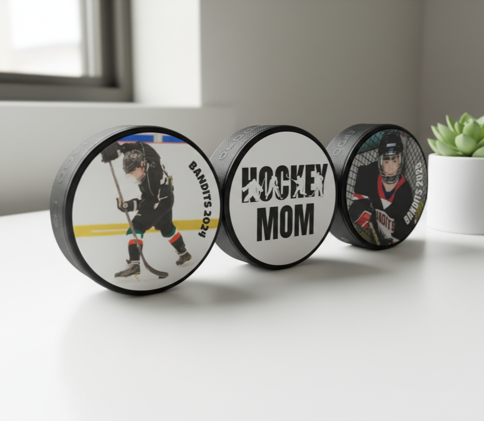Three round hockey pucks displayed on a white tabletop near a window. The center puck reads “HOCKEY MOM” in large black letters, while the left and right pucks show hockey photos. 
