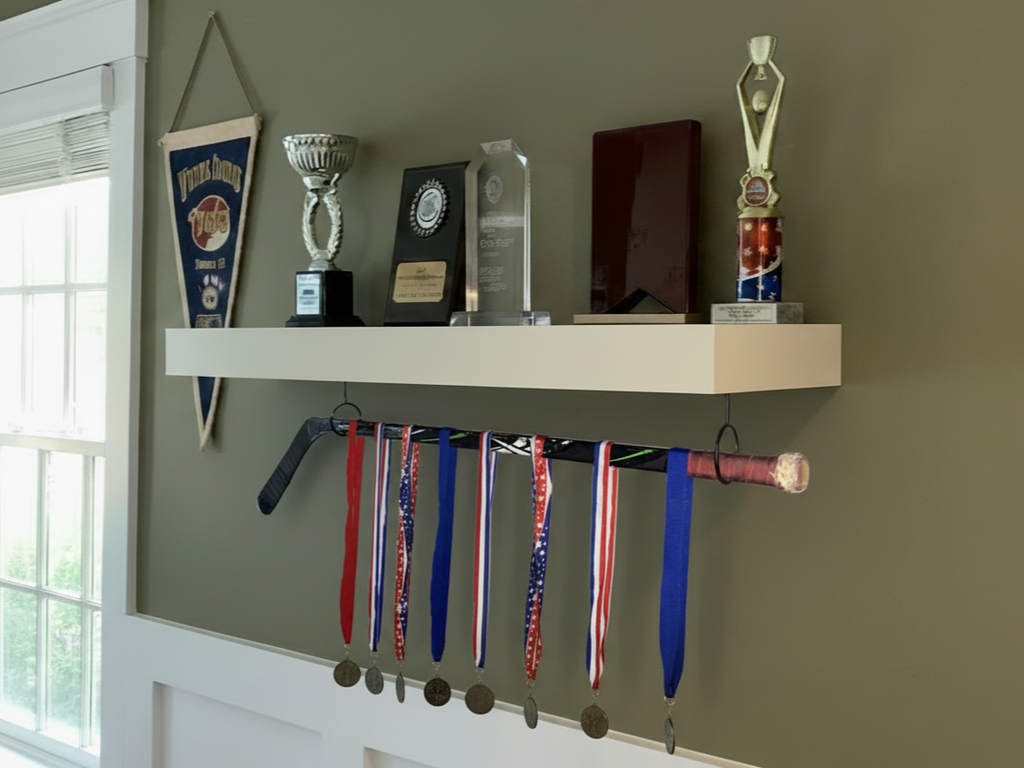 Hockey Puck Display Trophy Shelf: 8" Wide Floating Shelf, Memorabilia, Hockey Player Room Decor