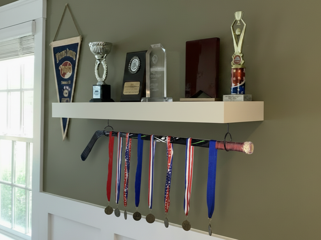 Hockey Puck Display Trophy Shelf: 8" Wide Floating Shelf, Memorabilia, Hockey Player Room Decor