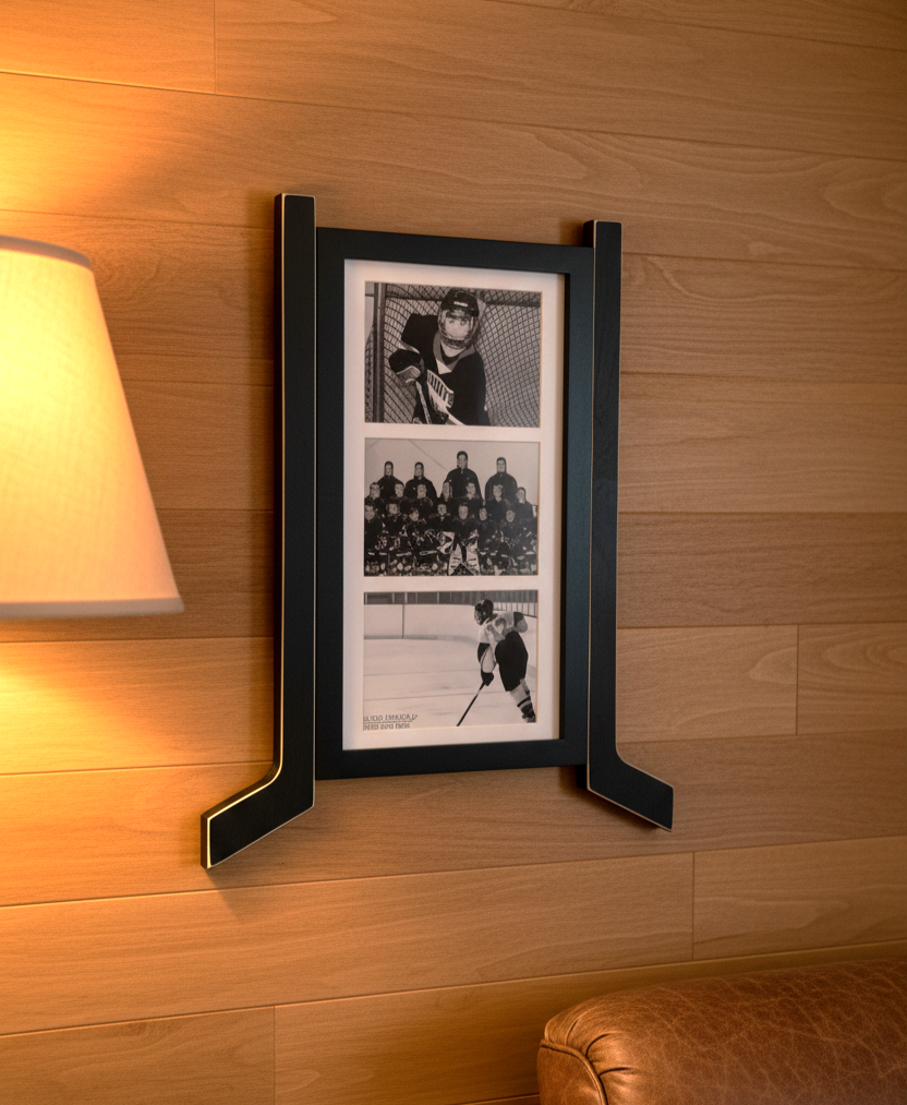 Triple hockey frame with black hockey sticks on both sides set in a cozy home setting.