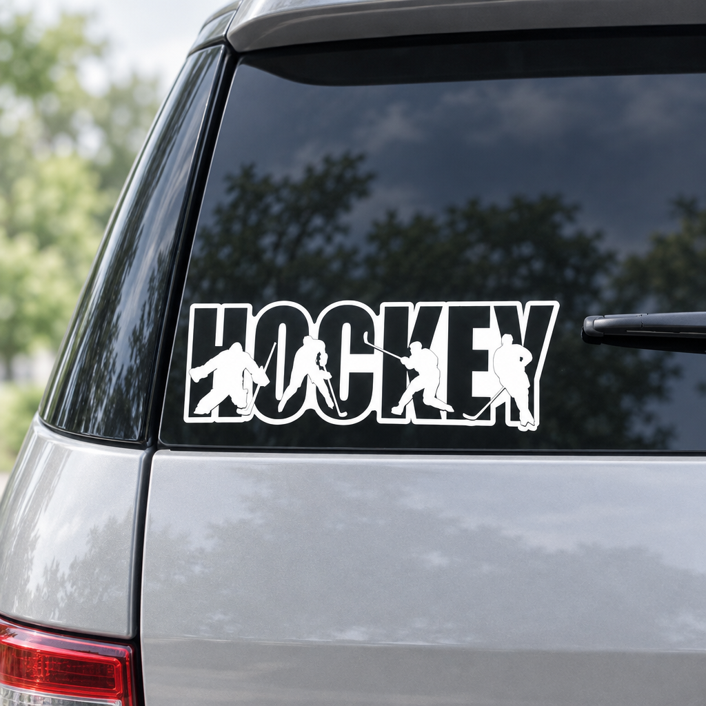 A white and black vinyl decal featuring the word 'HOCKEY' with silhouettes of hockey players, shown applied to the rear window of a silver vehicle.