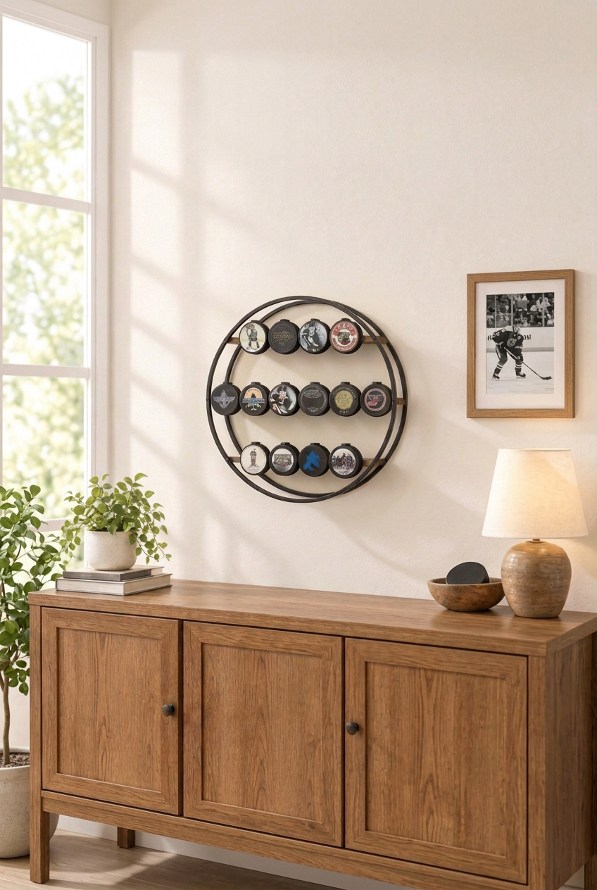 Round Hockey Puck Display 3 Tier Shelf: Holds 14 Pucks, Hockey Player, Fan, Mom, Dad, Coach Gift